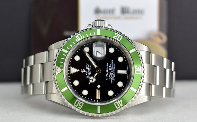 ROLEX 40mm Stainless Submariner Black Dial Green Bezel Kermit Model 16610