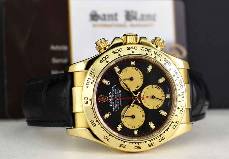 ROLEX 18kt Gold Daytona Black Paul Newman Dial Black Strap Model 116518